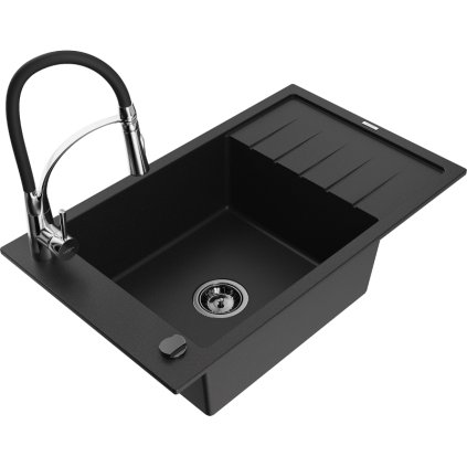 Mexen Elias, 1-komorový granitový dřez 795x480x200 mm a dřezová baterie Aster, černá, 6511-77-73450-07-B