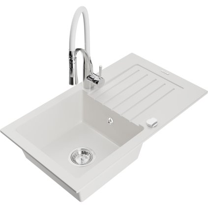 Mexen Pablo, 1-komorový granitový dřez 752x436x161 mm a dřezová baterie Aster, bílá, 6510-20-73450-02