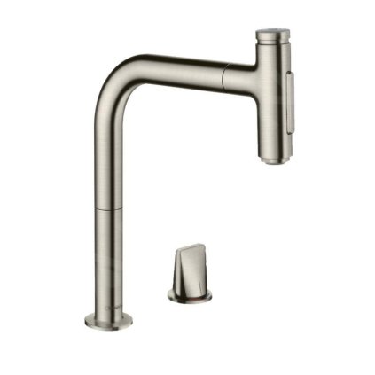 Hansgrohe M71, dřezová baterie M7120-H200 s výsuvnou sprškou, 2-otvorová instalace, sBOX, vzhled nerezavějící oceli 73818800