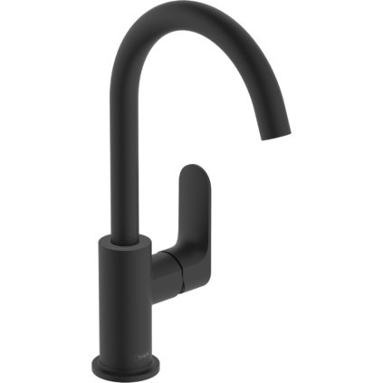Hansgrohe Rebris S, vysoká umyvadlová baterie 210 s otočným výtokem a odtokovou soupravou s táhlem, černá matná, 72536670