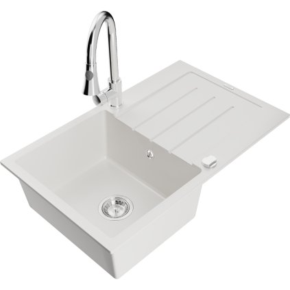 Mexen Bruno, 1-komorový granitový dřez 795x495x200 mm a dřezová baterie Elia, bílá, 6513-20-670101-00