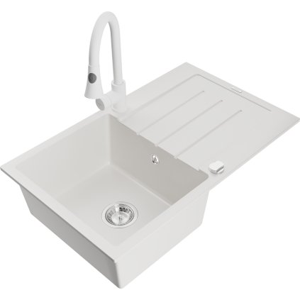 Mexen Bruno, 1-komorový granitový dřez 795x495x200 mm a dřezová baterie Elia, bílá, 6513-20-670101-20