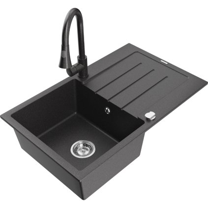 Mexen Bruno, 1-komorový granitový dřez 795x495x200 mm a dřezová baterie Elia, černá skvrnitá, 6513-76-670101-76