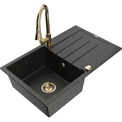 Mexen Bruno, 1-komorový granitový dřez 795x495x200 mm a dřezová baterie Elia, černá-zlatá metalíza, 6513-75-670101-50