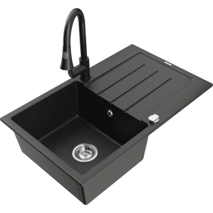 Mexen Bruno, 1-komorový granitový dřez 795x495x200 mm a dřezová baterie Elia, černá-zlatá metalíza, 6513-75-670101-70
