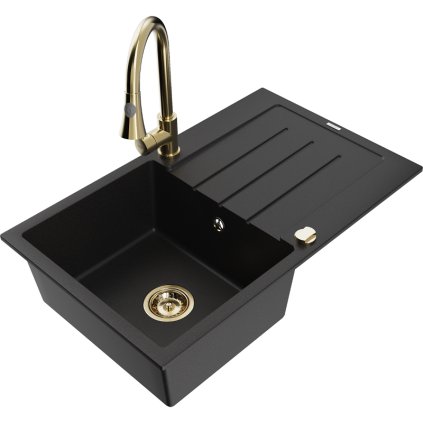Mexen Bruno, 1-komorový granitový dřez 795x495x200 mm a dřezová baterie Elia, černá, 6513-77-670101-50