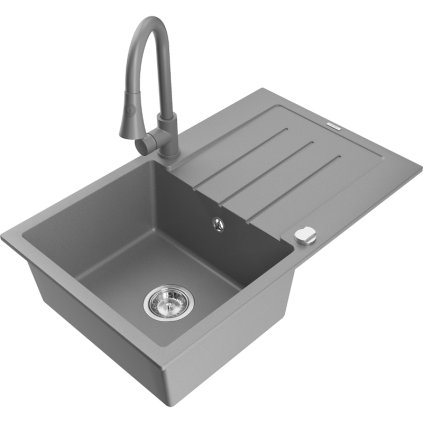 Mexen Bruno, 1-komorový granitový dřez 795x495x200 mm a dřezová baterie Elia, šedá, 6513-71-670101-71