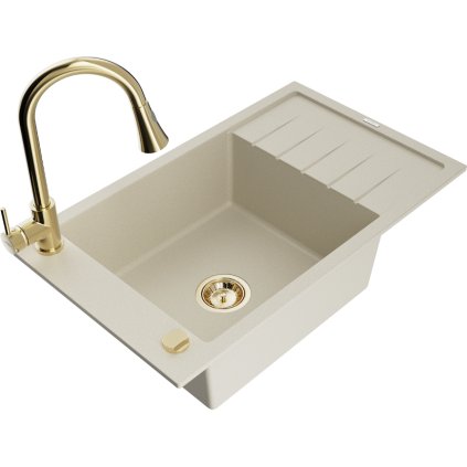 Mexen Elias, 1-komorový granitový dřez 795x480x200 mm a dřezová baterie Elia, béžová, 6511-69-670101-50