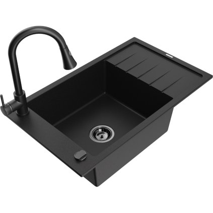 Mexen Elias, 1-komorový granitový dřez 795x480x200 mm a dřezová baterie Elia, černá, 6511-77-670101-70-B