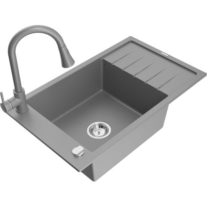 Mexen Elias, 1-komorový granitový dřez 795x480x200 mm a dřezová baterie Elia, šedá, 6511-71-670101-71
