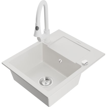 Mexen Enzo, 1-komorový granitový dřez 576x465x174 mm a dřezová baterie Elia, bílá, 6506-20-670101-20