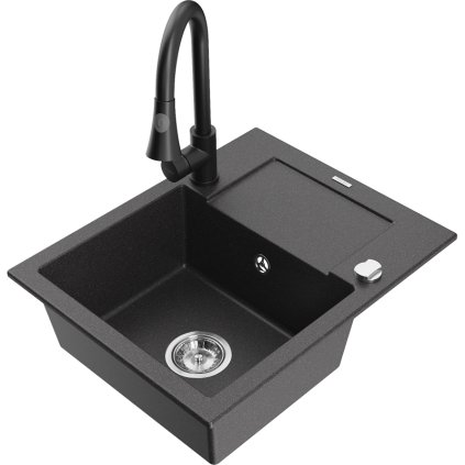 Mexen Enzo, 1-komorový granitový dřez 576x465x174 mm a dřezová baterie Elia, černá skvrnitá, 6506-76-670101-70