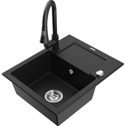Mexen Enzo, 1-komorový granitový dřez 576x465x174 mm a dřezová baterie Elia, černá, 65066506-77-670101-70