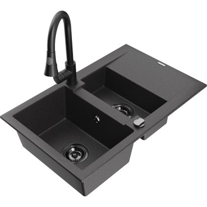 Mexen Gaspar, 1,5-komorový granitový dřez 737x475x177 mm a dřezová baterie Elia, černá skvrnitá, 6507-76-670101-70-B