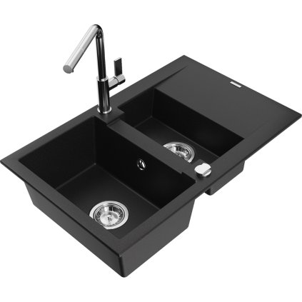 257498 mexen gaspar 1 5 komorovy granitovy drez 737x475x177 mm a drezova bateria flora cierna 6507 77 670401 00