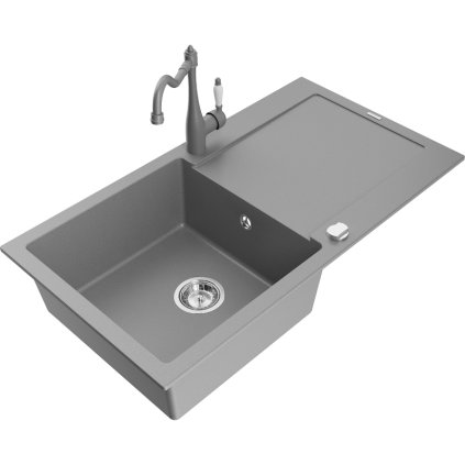 Mexen Leo, 1-komorový granitový dřez 900x500x190 mm a dřezová baterie Carla, šedá, 6501-71-670700-71