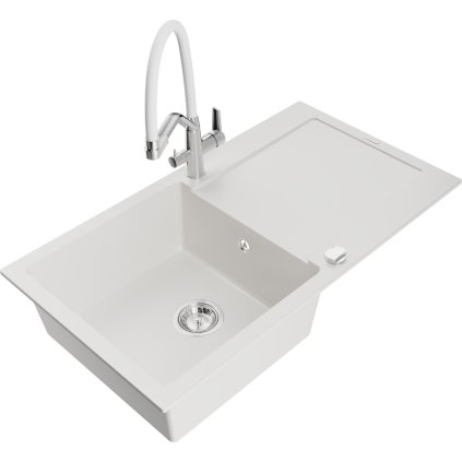 Mexen Leo, 1-komorový granitový dřez 900x500x190 mm a dřezová baterie Duo, bílá, 6501-20-671701-02