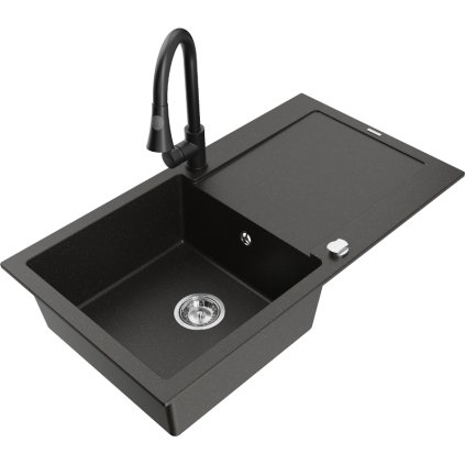Mexen Leo, 1-komorový granitový dřez 900x500x190 mm a dřezová baterie Elia, černá-zlatá metalíza, 6501-75-670101-70