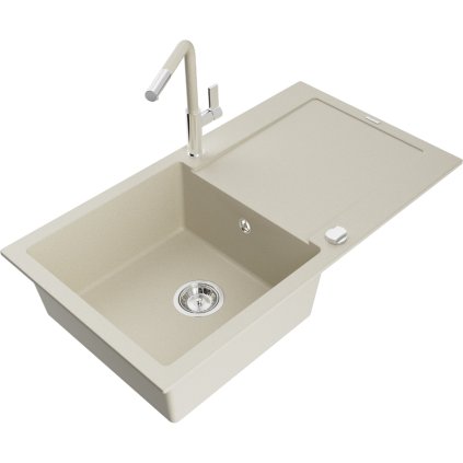 Mexen Leo, 1-komorový granitový dřez 900x500x190 mm a dřezová baterie Flora, béžová, 6501-69-670401-09