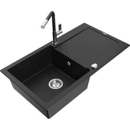 Mexen Leo, 1-komorový granitový dřez 900x500x190 mm a dřezová baterie Flora, černá, 6501-77-670401-07