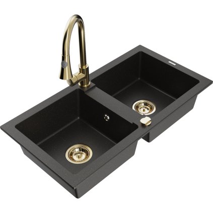 270912 mexen mario 2 komorovy granitovy drez 820x436x161 mm a drezova bateria elia cierna zlata metaliza 6504 75 670101 50