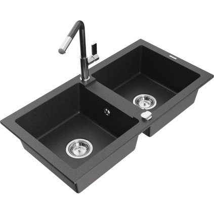 253151 mexen mario 2 komorovy granitovy drez 820x436x161 mm a drezova bateria flora cierna skvrnita 6504 76 670401 08