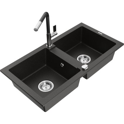 253127 mexen mario 2 komorovy granitovy drez 820x436x161 mm a drezova bateria flora cierna zlata metaliza 6504 75 670401 07