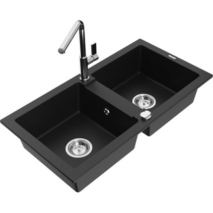 253172 3 mexen mario 2 komorovy granitovy drez 820x436x161 mm a drezova bateria flora cierna 6504 77 670401 00
