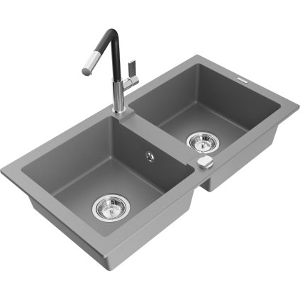 253091 3 mexen mario 2 komorovy granitovy drez 820x436x161 mm a drezova bateria flora seda 6504 71 670401 07