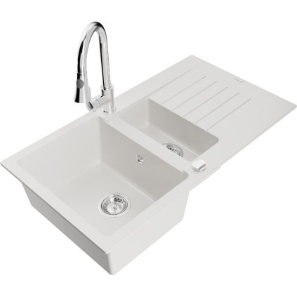 Mexen Matias, 1,5-komorový granitový dřez 900x505x200 mm a dřezová baterie Elia, bílá, 6502-20-670101-00