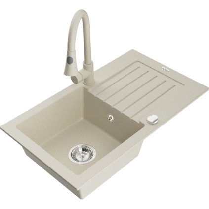 Mexen Pablo, 1-komorový granitový dřez 752x436x161 mm a dřezová baterie Elia, béžová, 6510-69-670101-69