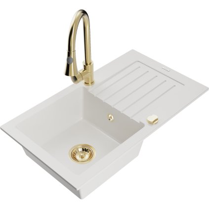 Mexen Pablo, 1-komorový granitový dřez 752x436x161 mm a dřezová baterie Elia, bílá, 6510-20-670101-50