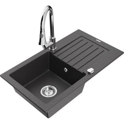 Mexen Pablo, 1-komorový granitový dřez 752x436x161 mm a dřezová baterie Elia, černá skvrnitá, 6510-76-670101-00
