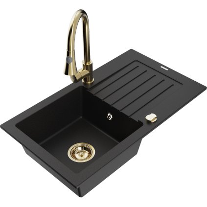 Mexen Pablo, 1-komorový granitový dřez 752x436x161 mm a dřezová baterie Elia, černá, 6510-77-670101-50