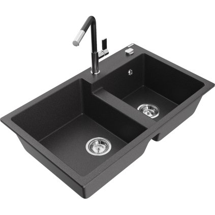 269620 mexen tomas 2 komorovy granitovy drez 800x500x190 mm a drezova bateria flora cierna skvrnita 6516 76 670401 07