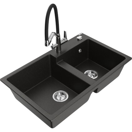277566 mexen tomas 2 komorovy granitovy drez 800x500x190 mm a kuchynska bateria duo cierna zlata metaliza 6516 75 671701 07