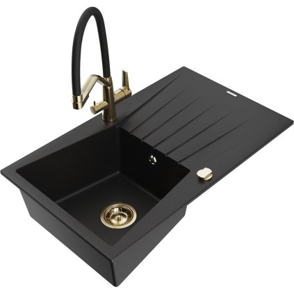 Mexen Cesar, 1-komorový granitový dřez 775x470x190 mm a dřezová baterie Duo, černá, 6514-77-671701-57-G