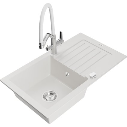 Mexen Pablo, granitový dřez 752x436x161 mm, 1-komorový a dřezová baterie Duo, bílá, 6510-20-671701-02