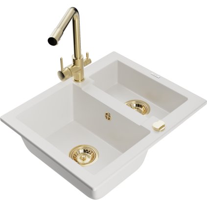 Mexen Carlos, 1,5-komorový granitový dřez 582x475x177 mm a dřezová baterie Duero, bílá, 6518-20-671600-50