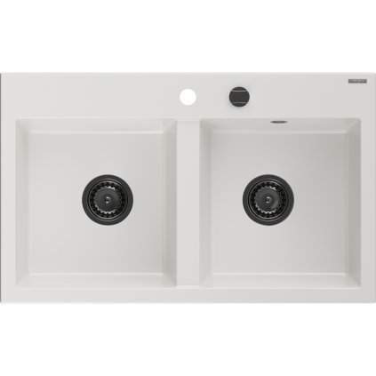 Mexen Hektor, 2-komorový granitový dřez 800x480x205 mm, bílá, grafitový sifon, 6521802000-20-B