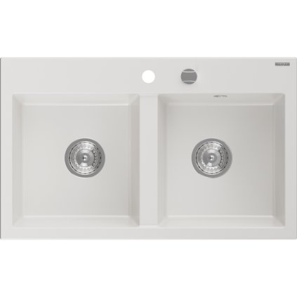 Mexen Hektor, 2-komorový granitový dřez 800x480x205 mm, bílá, chromový sifon, 6521802000-20