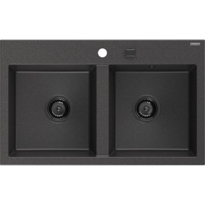 Mexen Hektor, 2-komorový granitový dřez 800x480x205 mm, černá skvrnitá, grafitový sifon, 6521802000-76-B