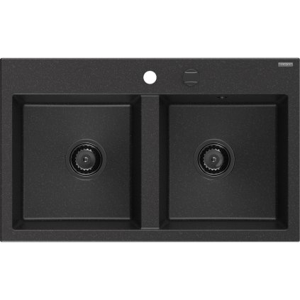 Mexen Hektor, 2-komorový granitový dřez 800x480x205 mm, černá-stříbrná metalíza, grafitový sifon, 6521802000-73-B