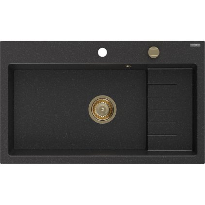 Mexen Omar, 1-komorový granitový dřez 800x480x210 mm, černá-stříbrná metalíza, zlatý sifon, 6520801005-73-G