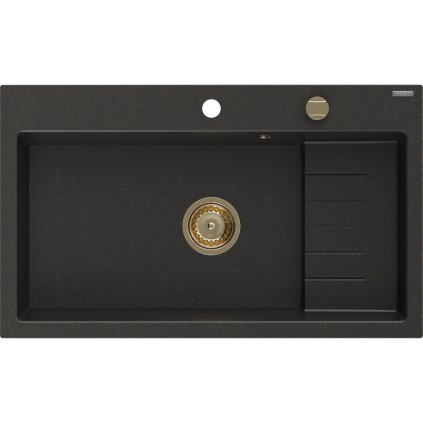Mexen Omar, 1-komorový granitový dřez 800x480x210 mm, černá-zlatá metalíza, zlatý sifon, 6520801005-75-G