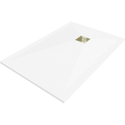 Mexen Stone+, obdélníková vanička z minerálního kompozitu 130 x 90 cm, bílá, zlatá lesklá krytka, 44109013-G