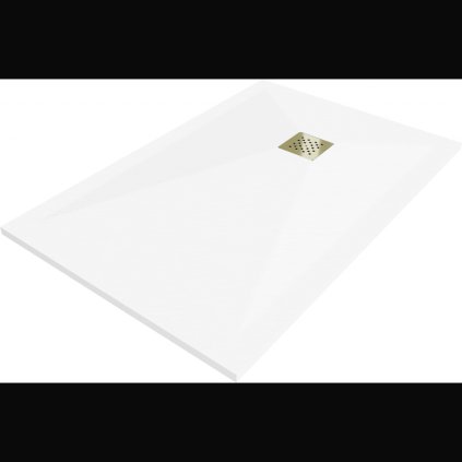 Mexen Stone+, obdélníková vanička z minerálního kompozitu 140 x 80 cm, bílá, zlatá lesklá krytka, 44108014-G