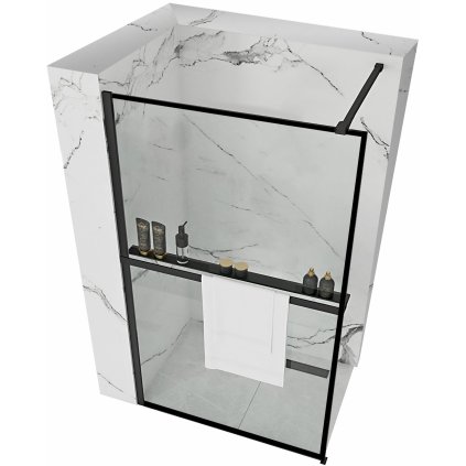 Rea Bler, sprchová zástěna typ Walk-In 70x195cm, 8mm čiré sklo, černý profil + police a věšák na ručníky EVO, KPL-K7636
