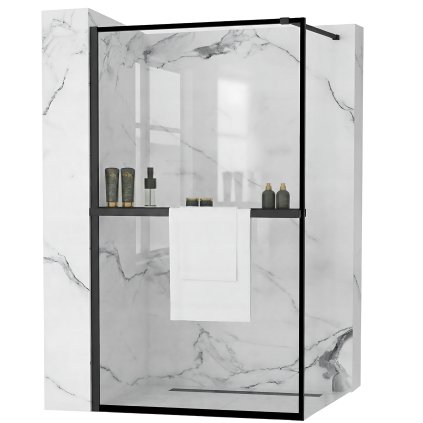 Rea Bler, sprchová zástěna typ Walk-In 70x195cm, 8mm čiré sklo, černý profil + police a věšák na ručníky EVO, KPL-K7636