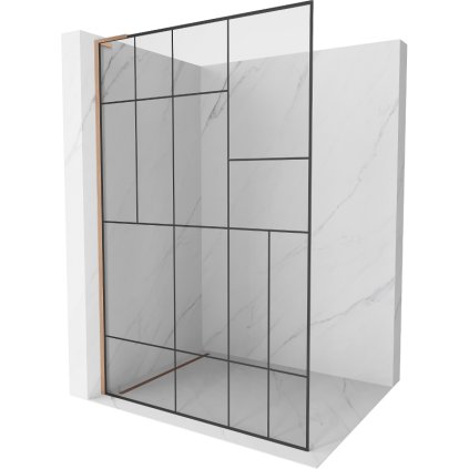 Mexen Kioto L, sprchová zástěna Walk-In 100 x 200 cm, 8mm čiré sklo černý vzor, ​​měděný matný profil, 800-100-103-65-78